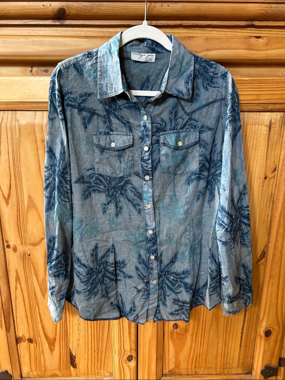 Vintage Goa Blue Palm Tree Print Cotton Chambray Button Down Shirt Tropical